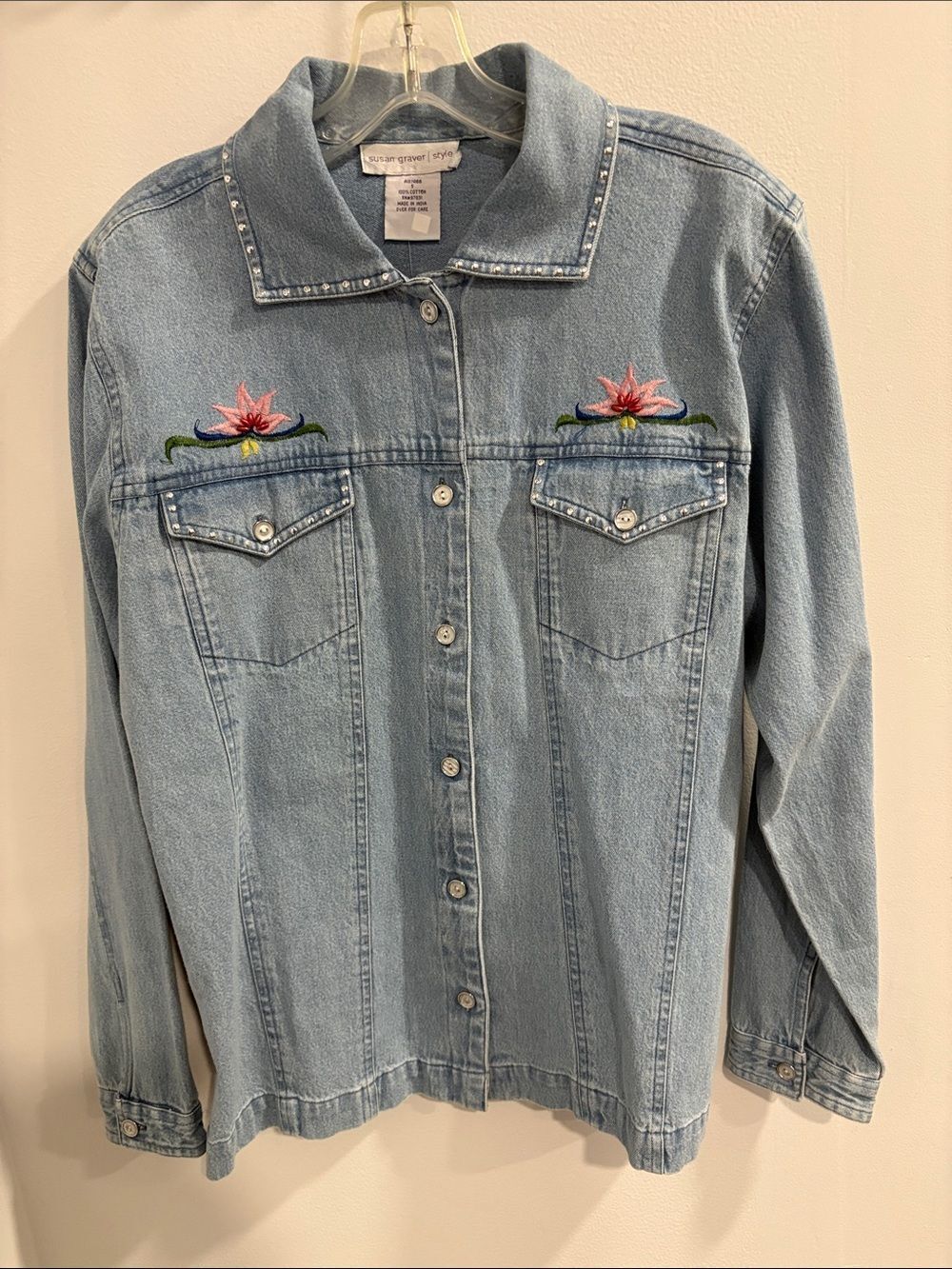 Susan Graver Light Denim Jacket with Pink Floral Embroidery